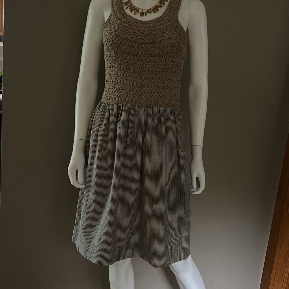 Anthropologie HD in Paris Sleeveless Dress Medium Brown crochet pinstriped